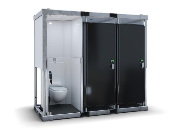 Portable modular restroom unit with two black doors and one open section showing a toilet.